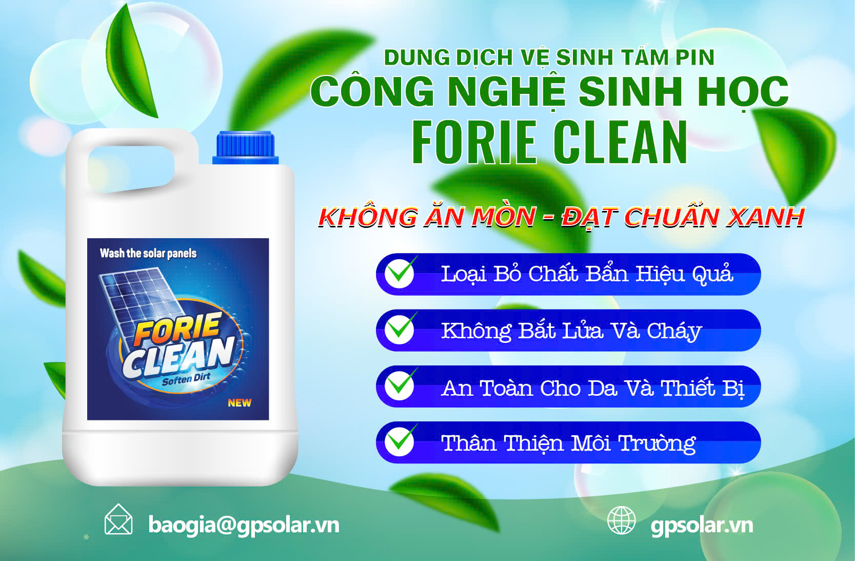 Dung dịch rửa pin năng lượng mặt trời FORIE CLEAN | GP Tech nuoc rua pin mat troi fori clean | GP Tech