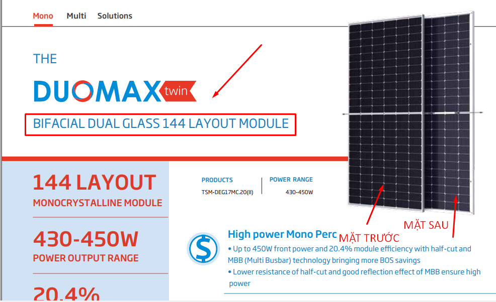 Phân phối tấm pin năng lượng mặt trời 2 mặt kính Trina solar và Longi 450Wp | GP Tech datasheet trina solar 2 mat kinh 450 Wp | GP Tech