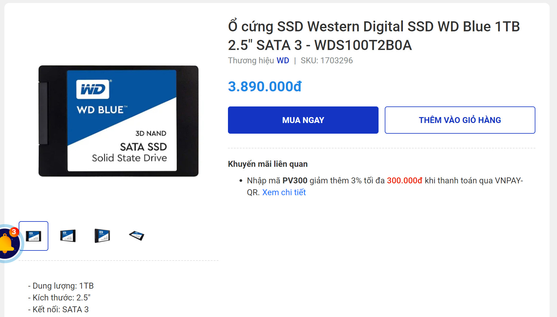 Ổ cứng máy tính SSD WD Blue™ 2.5, SATA, 1TB_ WDS100T2B0A | GP Tech o cung may tinh ssd 1TB chinh hang western digital fbt | GP Tech