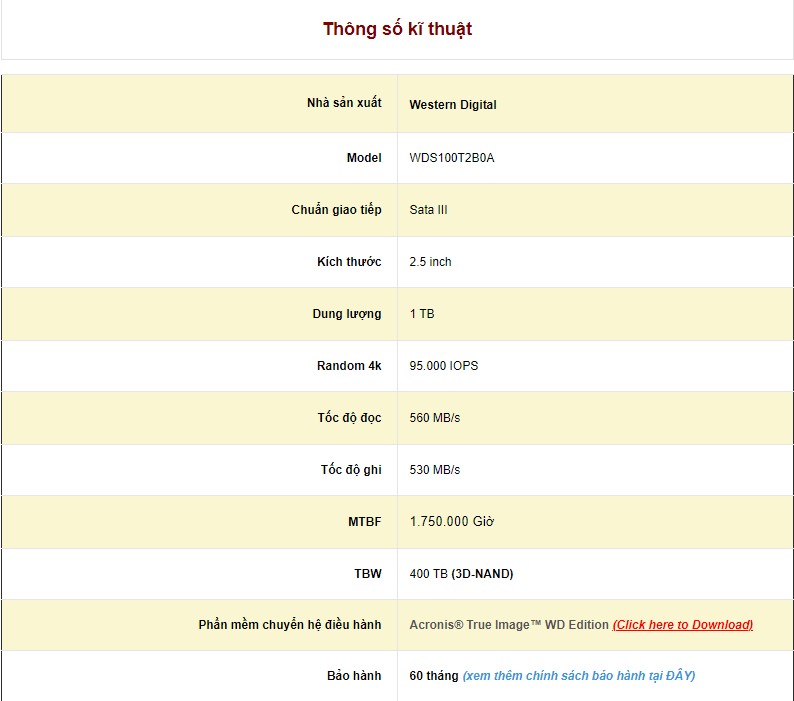 Ổ cứng máy tính SSD WD Blue™ 2.5, SATA, 1TB_ WDS100T2B0A | GP Tech Thông số Ổ cứng western digital Blue™ 2.5, SATA, 1TB