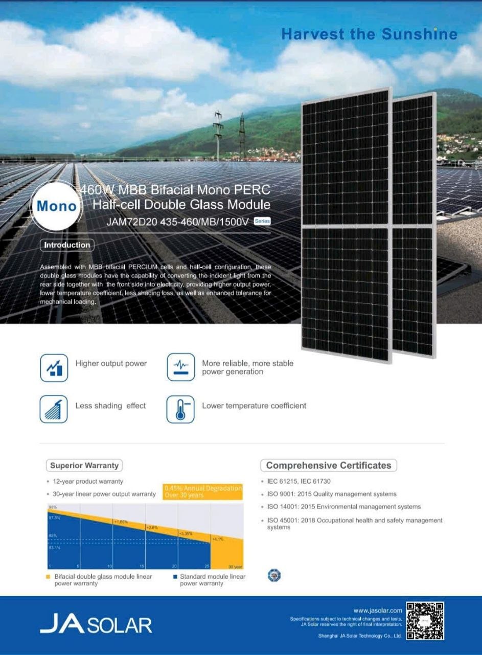Tấm pin JA Solar 460W MBB Bifacial Mono PERC half-cell double glass